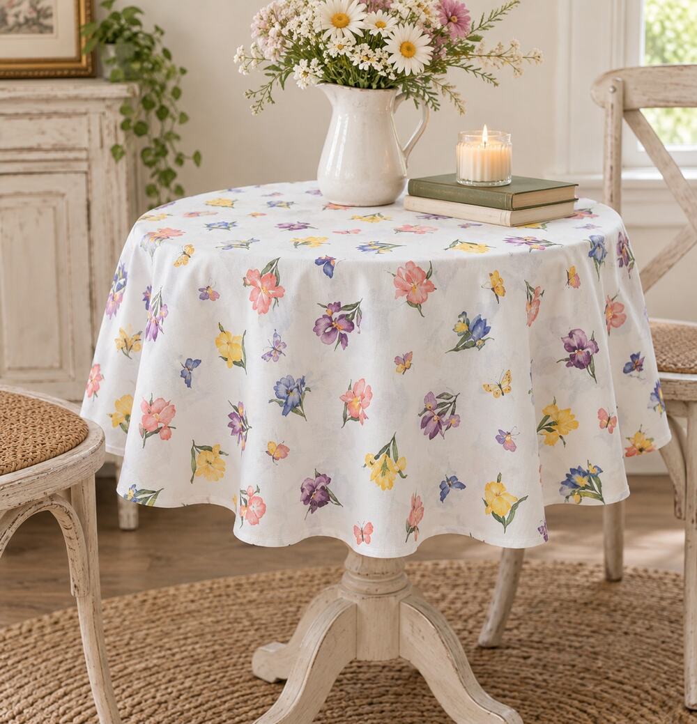 Floral Butterfly Round Tablecloth 73" Cottagecore Handmade Repurposed Fabric